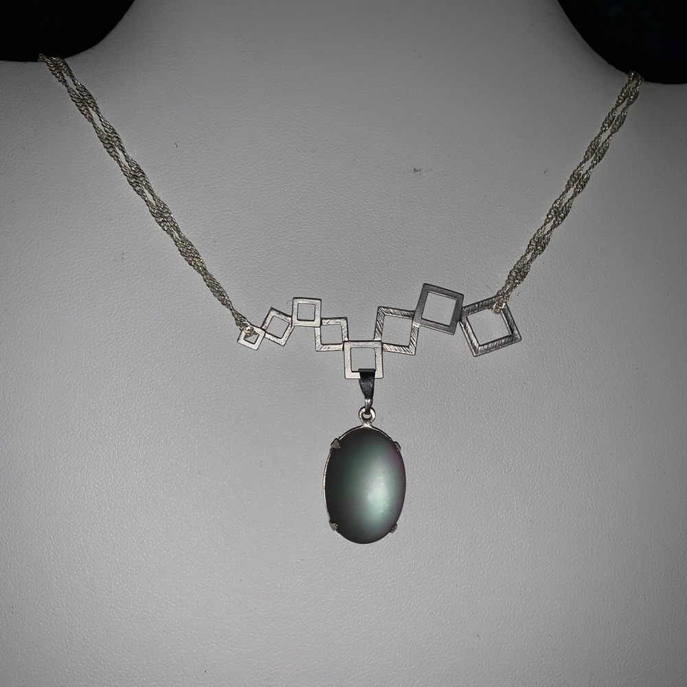 Frosted Bermuda Blue/Pink Stone Drop off a Rectangle Charm on Doubled Wave Chain